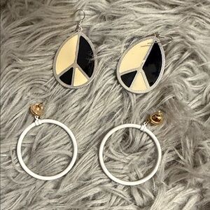 Elegant Black and Cream Peace Sign Earrings and hoops